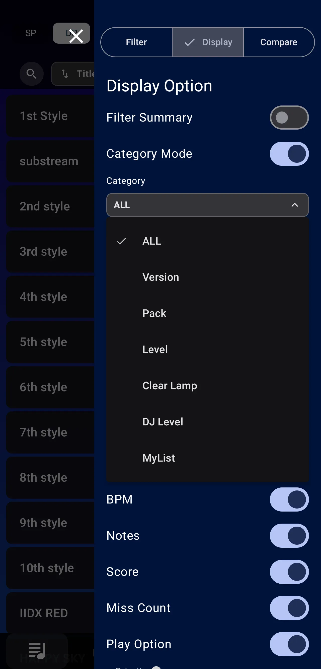 Category ModeをオンにしてCategoryドロップダウンを開いたDisplay Option