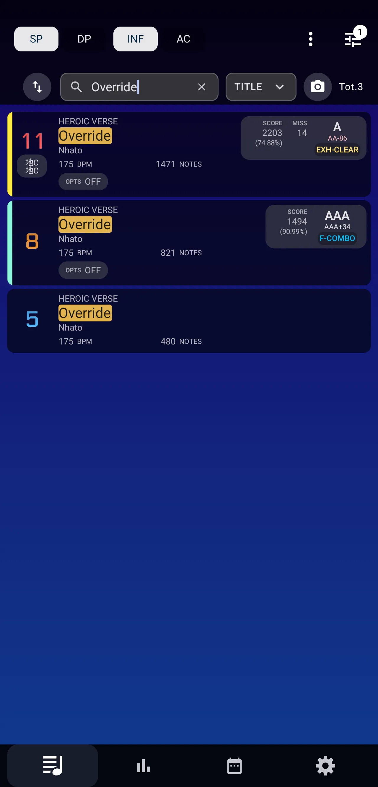 検索語「Override」で絞り込んだ楽曲一覧